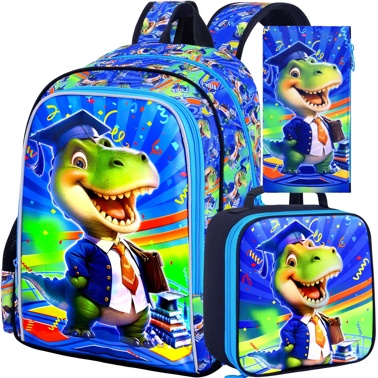 

3PCS Dinosaur Backpack, 16" Boys Bookbag with Lunch Box, Kids Water Resistant Elementary Prechool Toddler Shool Bag - Blue