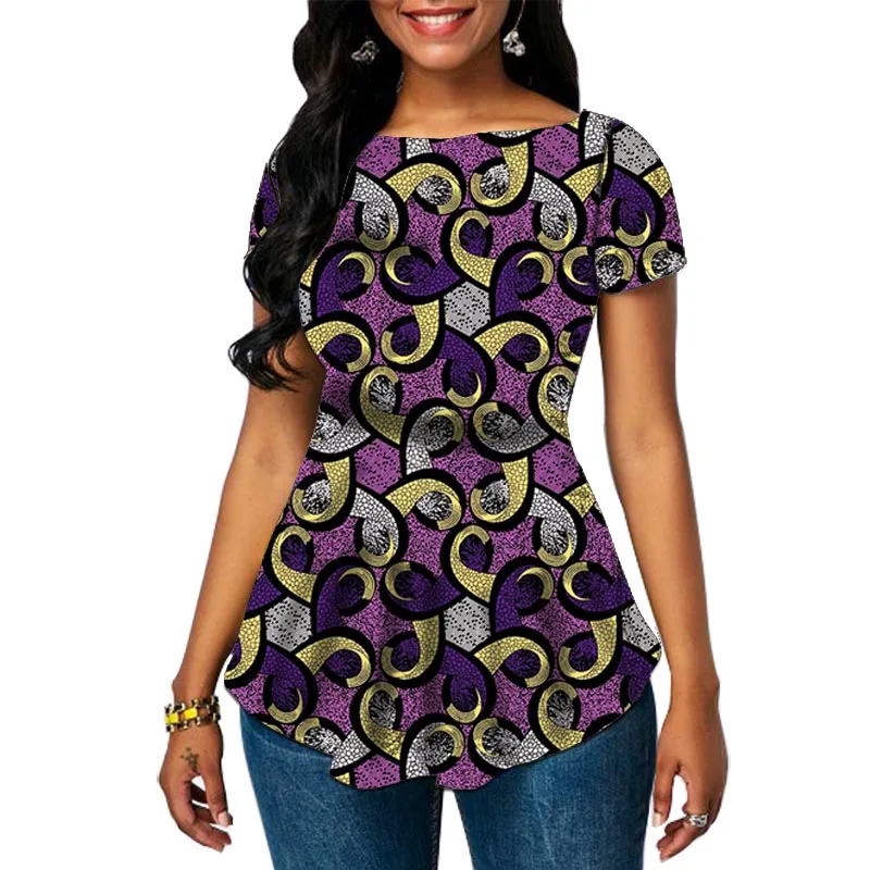 

African Fashion Women's Pleated Blouse Nigeria Style Short Sleeve Tops Colorful Print Female Party Clothing Customized