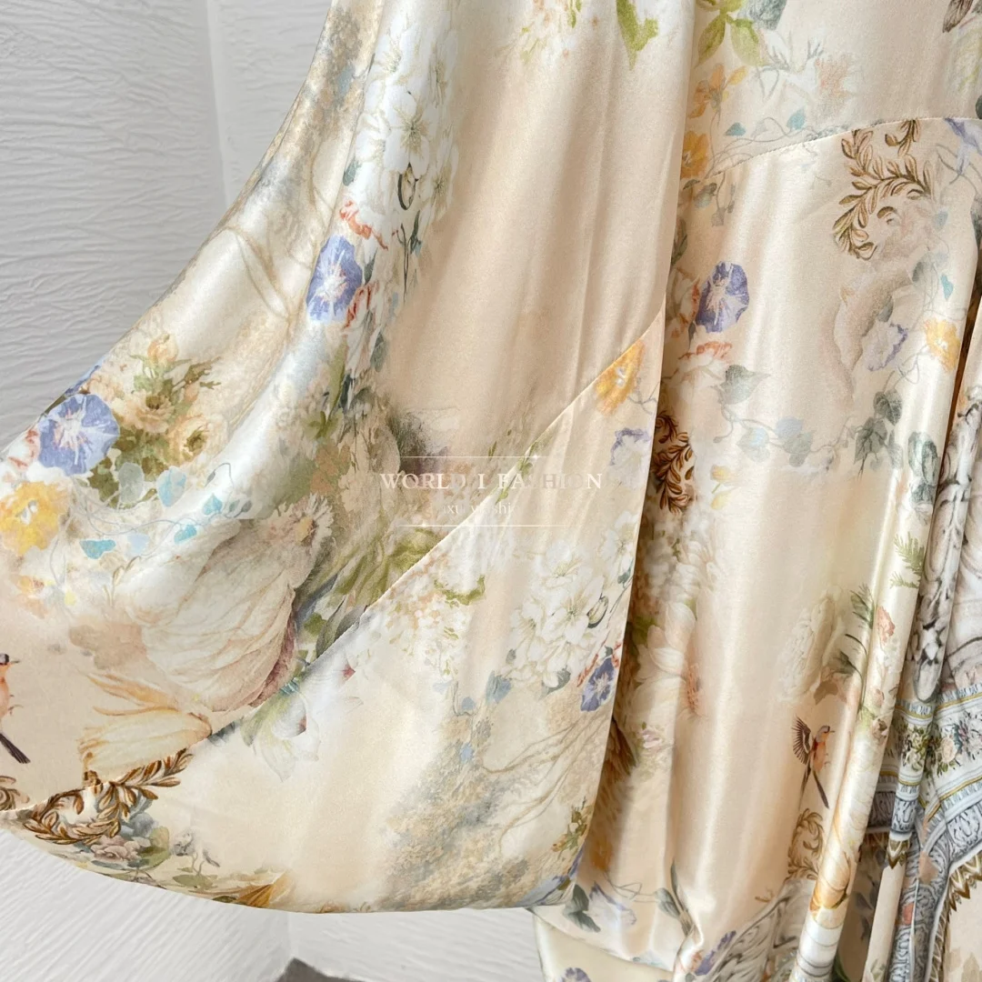 

Beige Floral Prin Long Batwing Sleeves Loose Waist Midi Dress 2025 High Quality Silk