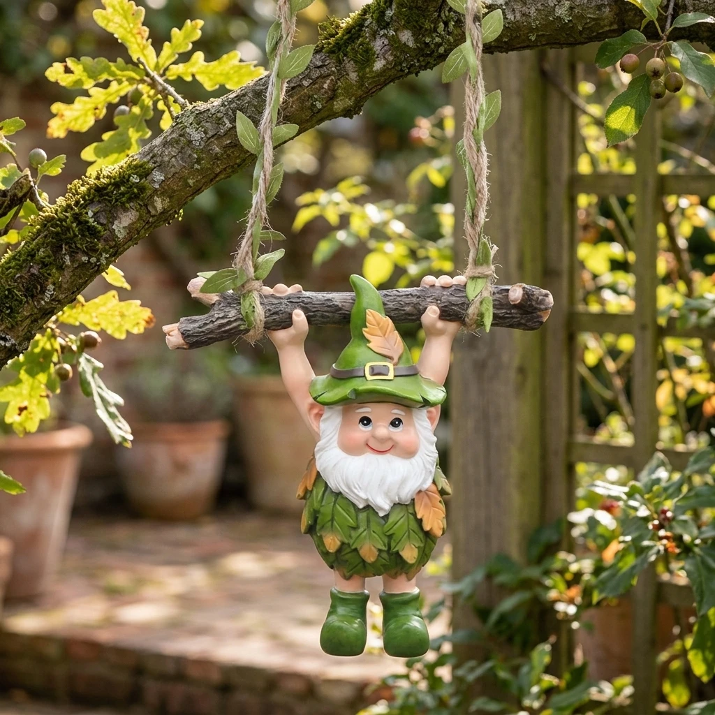 Resin Leaf Swing Gnome Ornament For Outdoor Garden Balcony Porch Decoration With Durable Weatherproof Design