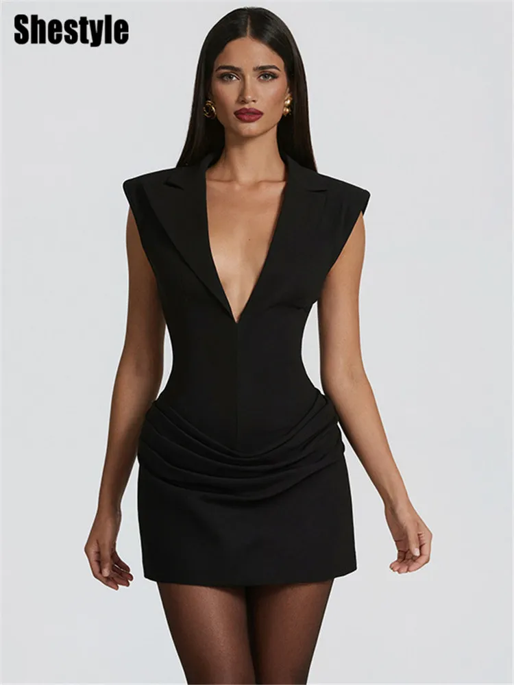 Shestyle عميق الخامس الرقبة منصات الكتف فستان أنيق المرأة الصلبة غمد مكتب سيدة سليم أكمام تانك سترة وتتسابق تاريخ الطرف #3