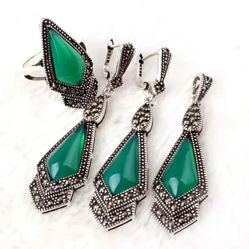 Women Gorgeous Jewelry Set, Red Green Agate CZ Crystal Shell Stone Marcasite Tibetan Silver Necklace Pendant Earring Ring 1 Pcs