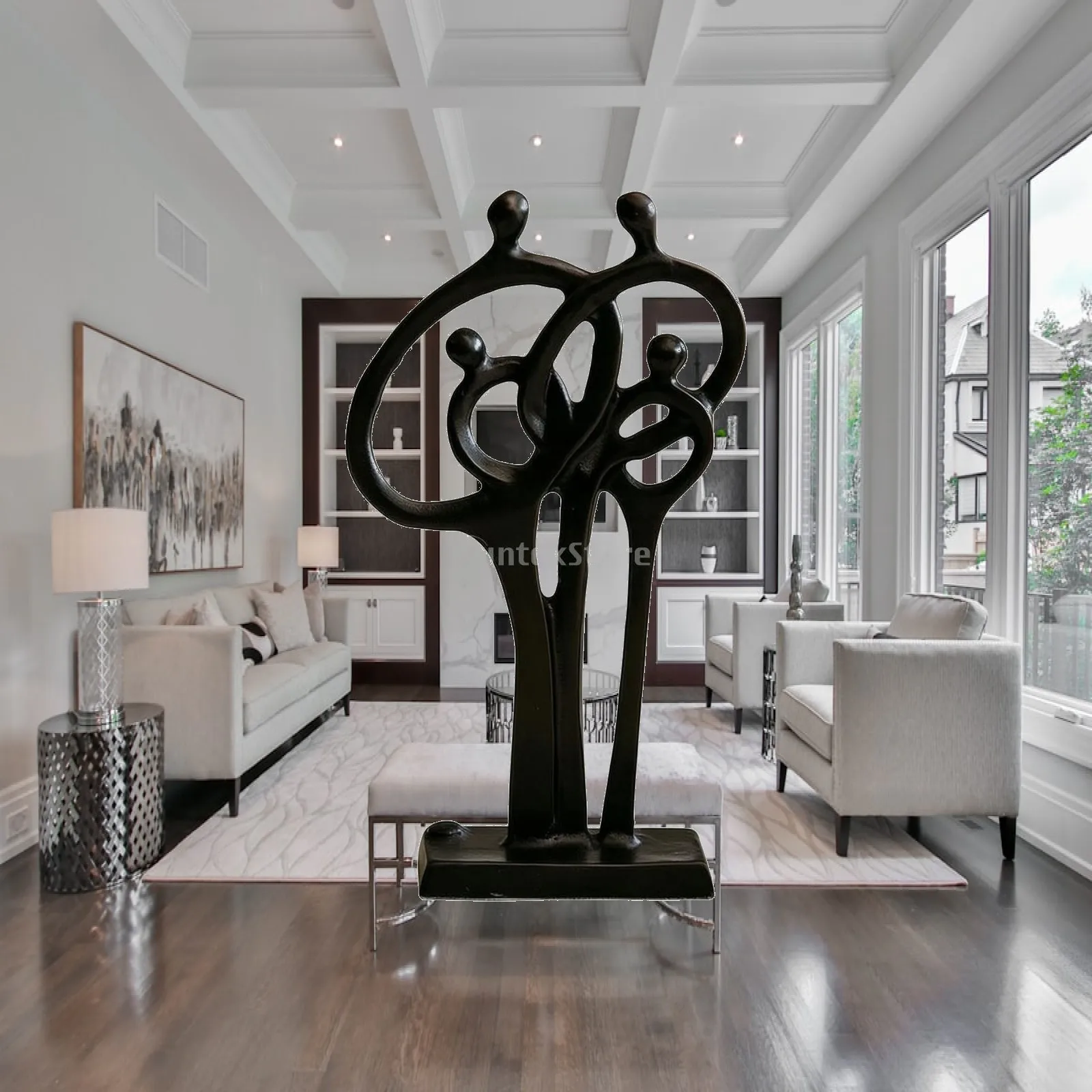 Abstract Human Figure Sculpture Minimalist Abstract Human Sculpture Metal Figurine with Interlocking Circles Bronze-Black