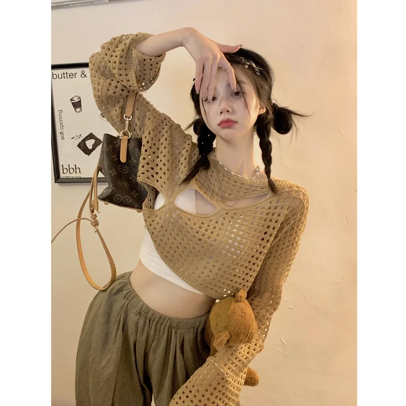 Vintage Loose Hollow Out Knit Pullovers Women 2023 Casual Y2K Clothes Smock Tops Summer Shirts Sweater Fairycore Grunge Knitwear