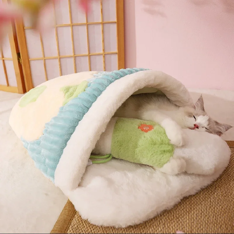 Cat Bed Japanese Sakura Warm Cat Sleeping Bag Deep Sleep Winter Dog House Cats Nest Cushion With Pillow Removable Pet Products