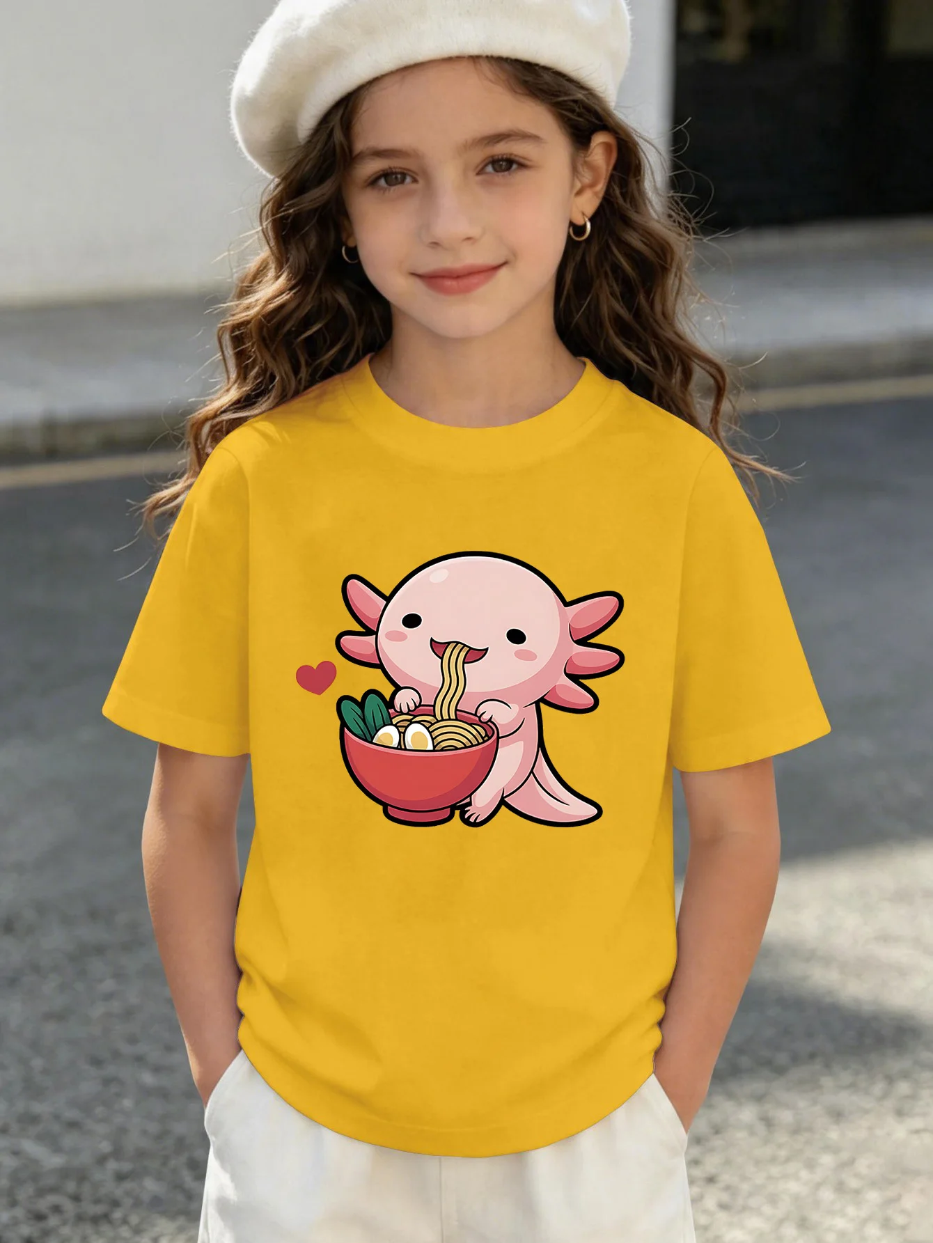 Cute Axolotl Eating Noodles Print Graphic Kids Tee Boys Girls Family Matching Cotton Crew Neck Short Sleeve Soft Summer Tee