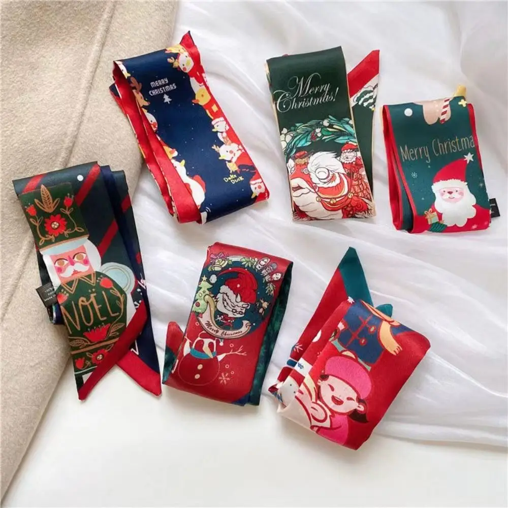 Ribbon Headband Christmas Silk Scarf Printed Red New Year Scarf Santa Claus Collocation Clothing Accessories Scarf Hair Band