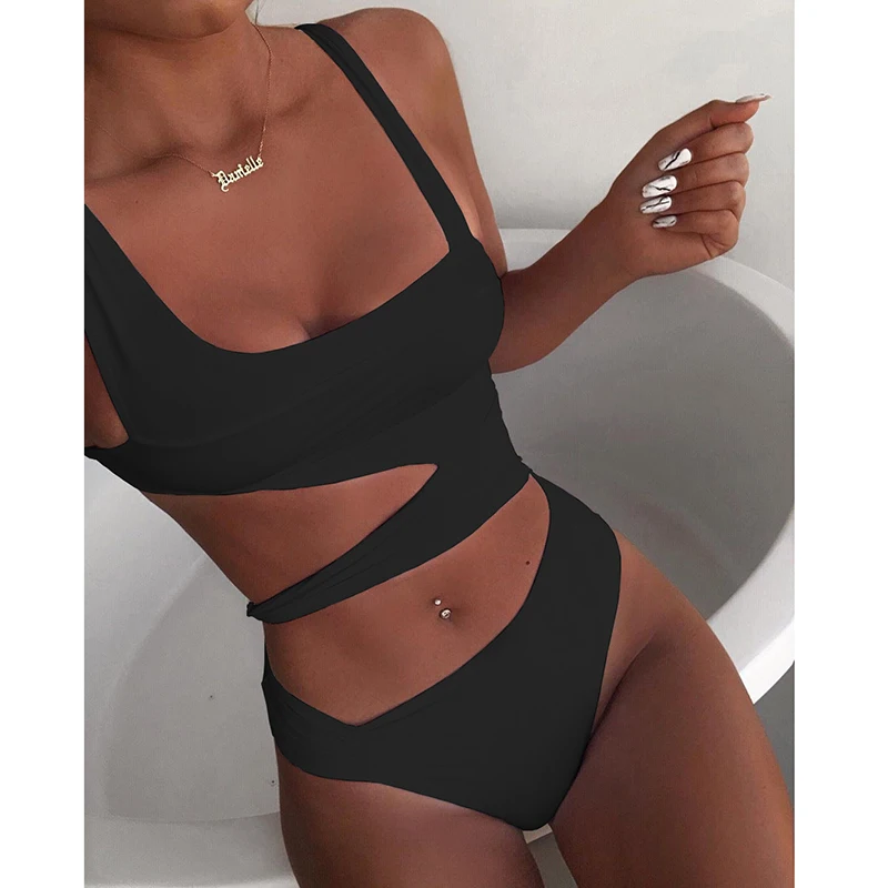 Sexy bikiniset één schouder ééndelig badpak off-shoulder wit patchwork badmode bodysuit badpak zwart