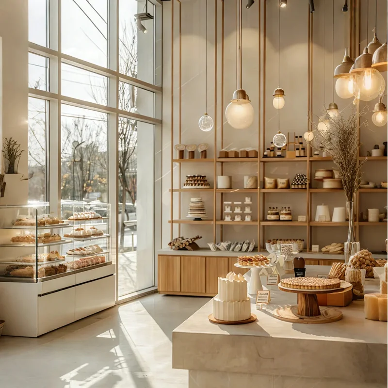 custom.Modern Minimal & Natural: Bakery-Café Displays in Light Oak, White Matte Counters & Glass Cloches