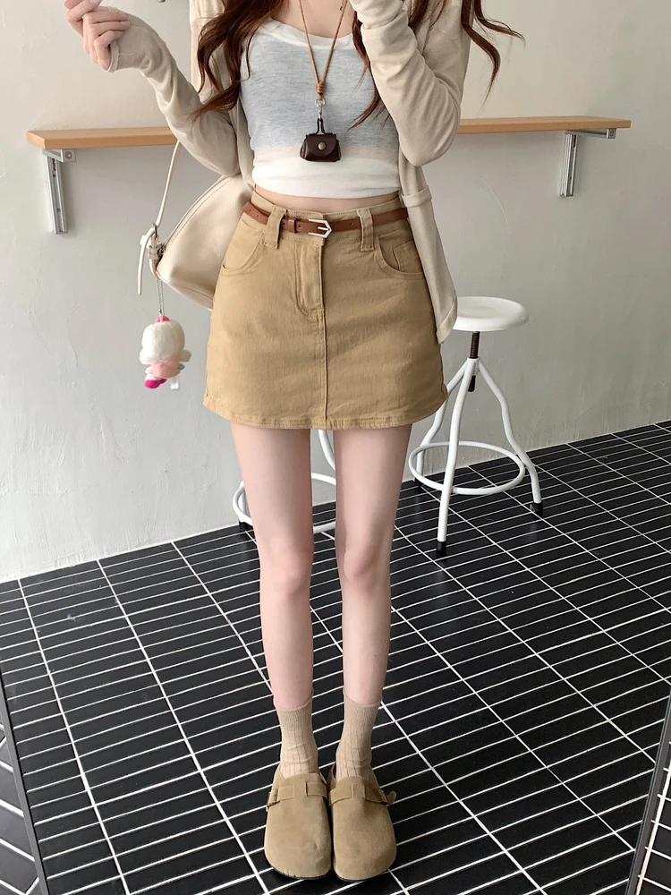 High Waist Pleated Khaki  Skirt Women's Anti-Light Slimming A-Line Short Skirt American Style Sexy Folded Half-length Skirt