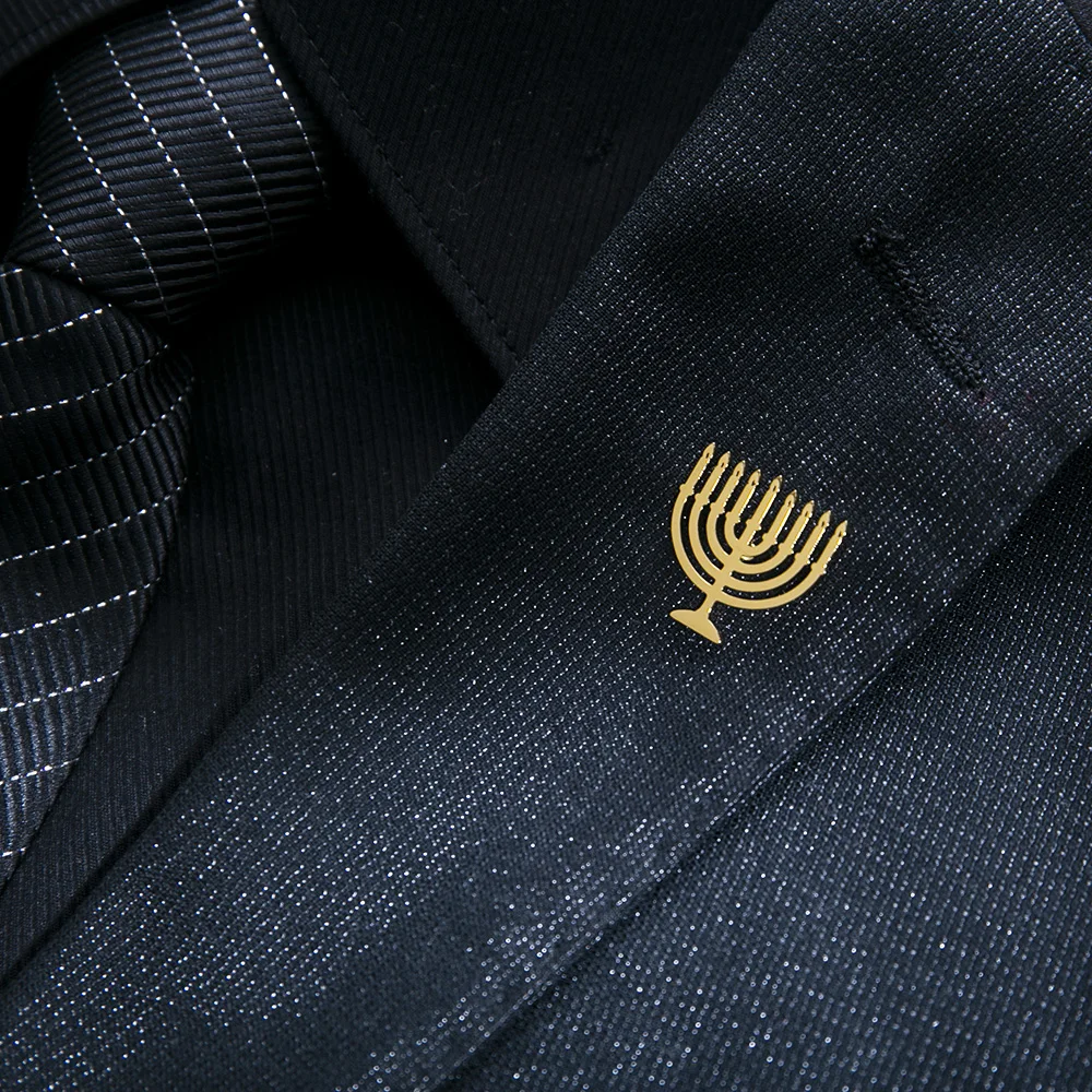 Classic Jewish Menorah Brooches for Men Vintage Religious Amulet Jewelry Stainless Steel Groom Shirt Suit Badge Pins Accessories