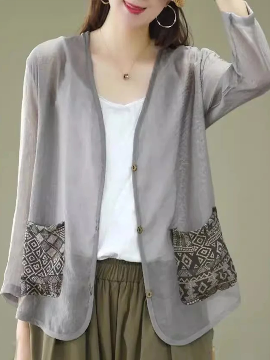 

Свободная длинная солнцезащитная одежда из ледяного шелка V Ne, тонкий кардиган с принтом, верхняя одежда для женщин, летняя модная одежда для поездок на работу