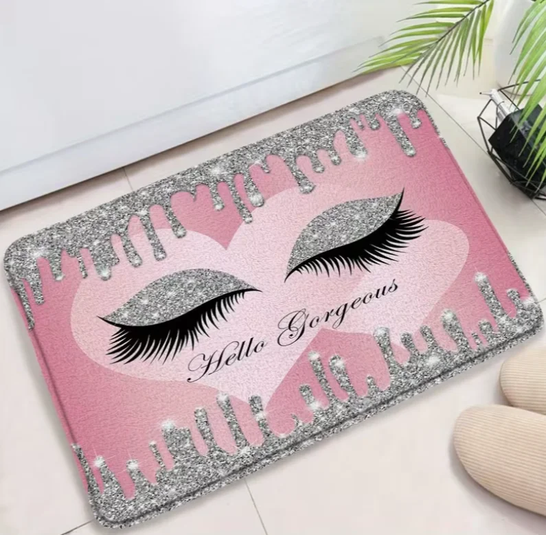 Glamorous Heart Bath Mat, Gradient Pink Heart with Black Glittery Eyelashes, Sparkly Silvery Dripping Glitter Frame Rug