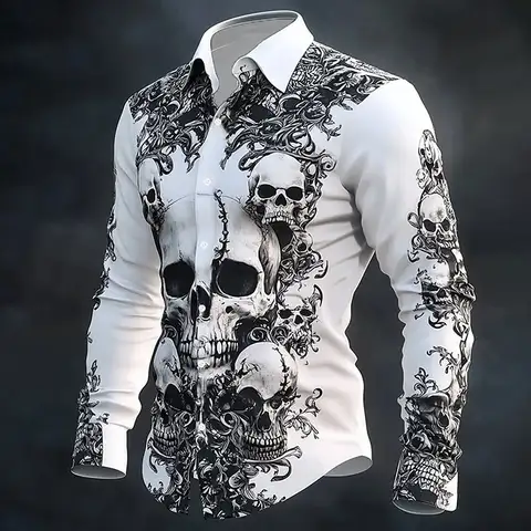 Hip Hop Skull Print Shirt Men Streetwear 2025 Long Sleeve Tops Urban Trendy Graphic Tee Shirt Casual Loose Fit Gothic Clothing