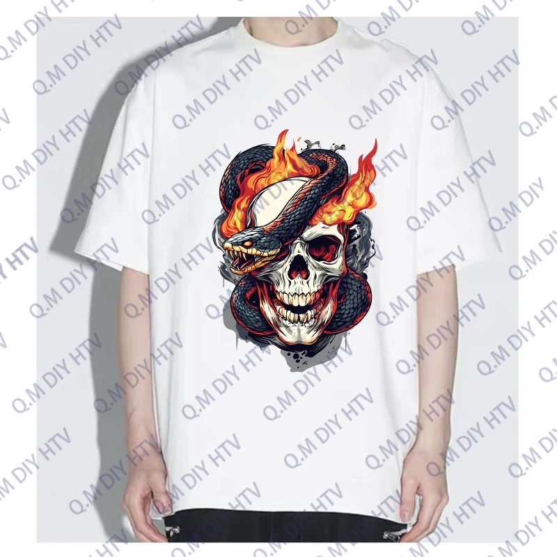 25cm Fashionable punk skull and snake heat transfer stickers cool DIY hot stamping stickers washable T-shirt backpack decoration