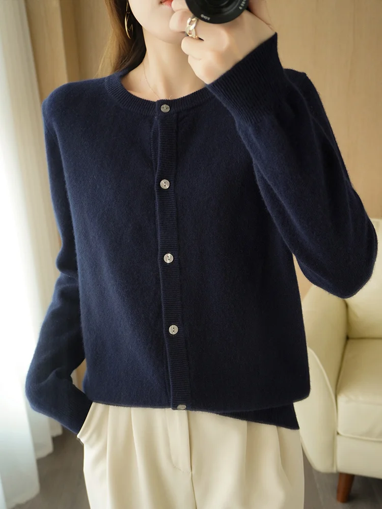

Spring Autumn Long Sleeve 100% Merino Wool Sweaters Cashmere Cardigan Women O-Neck Knitwear Tops Clothing Fashion Basic Tops