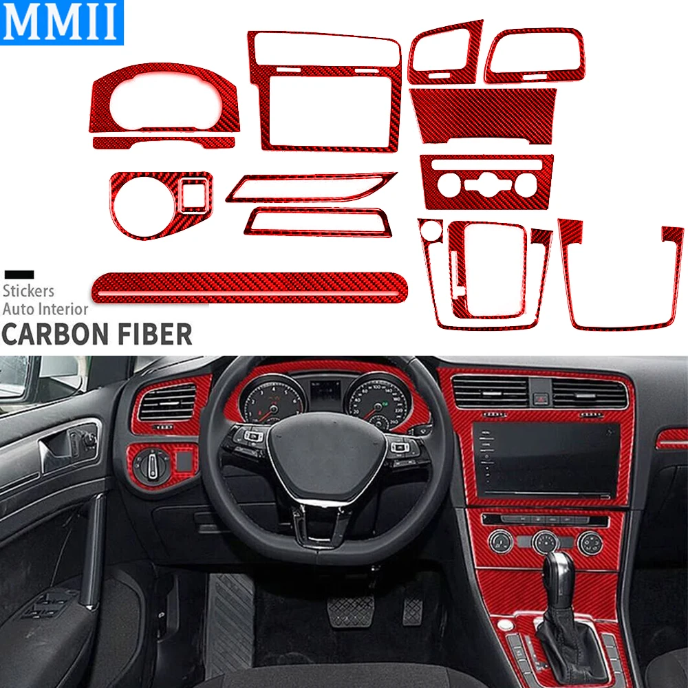 

15pcs Full Set Red Carbon Fiber Interior Dashboard Cover For Volkswagen Golf 7 GTI MK7 2014-2019 Car Trim Accessories Sticker