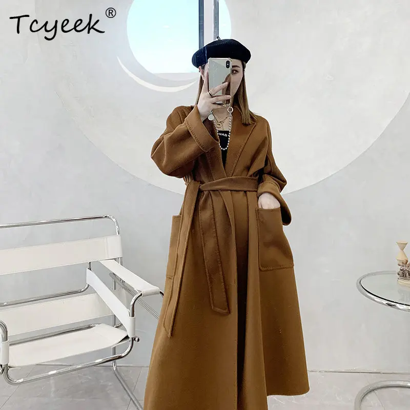 Tcyeek 100% Cashmere Jacket Women High-end Womens Coats Mid-length Trench Coat Woman Winter Clothes Double Sided Water Ripple