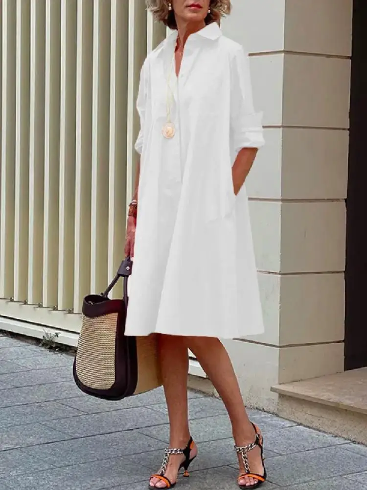 

Bonboho Knee Length Shirt Dress for Urban Women Solid Color Lapel Long Sleeve Loose Fit Midi Dress Streetwear H-line Dress
