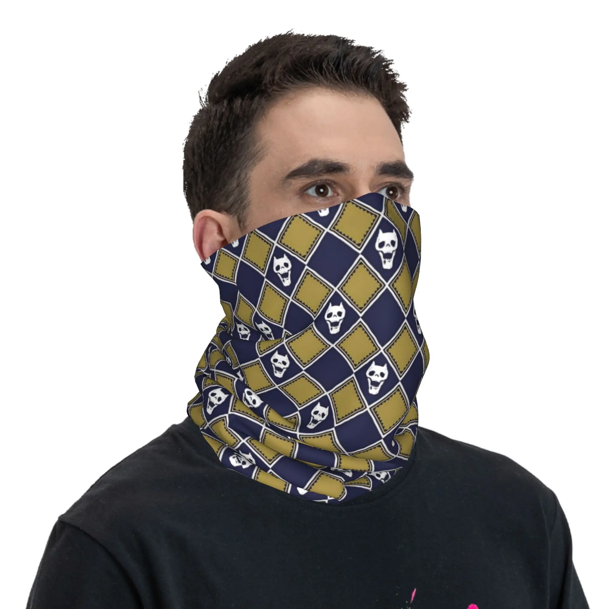 Custom JoJo Gold Blue Bandana Neck Gaiter Windproof Face Scarf Cover Women Men Yoshikage Kira Calavera Headwear Tube Balaclava view 5
