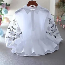 Retro Embroidery Blouses Women Shirt Thin Summer Top Lantern sleeve Lapel Loose Pullover Half-Sleeve Literature Art Female Blusa