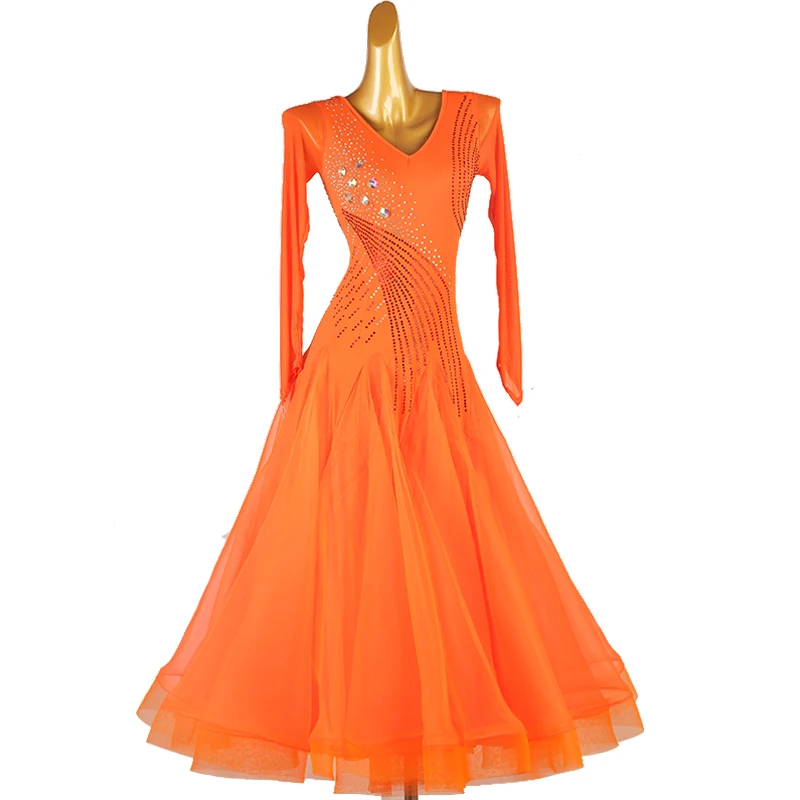 

Waltz Dress Ballroom Gowns Competition Costume Rhinestones V Neck Big Swing Dance Wear Stage Outfit Performance Clothes