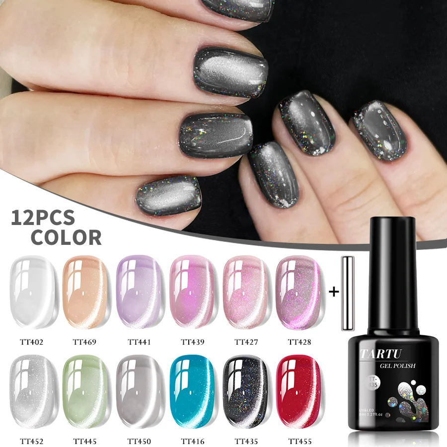 Ensemble de vernis à ongles Gel œil de chat 12 pièces Gel pour ongles Gel Semi-permanent 12 couleurs nu rose rouge bleu vert marron noir, haut