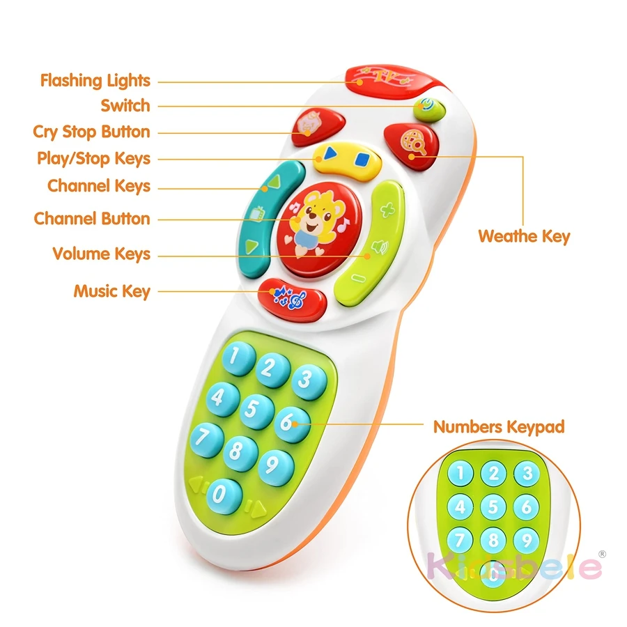 Brinquedo remoto para bebê fofo com música e luzes – Aprenda números, formas, clima e palavras |   Criança fingir jogar remoto