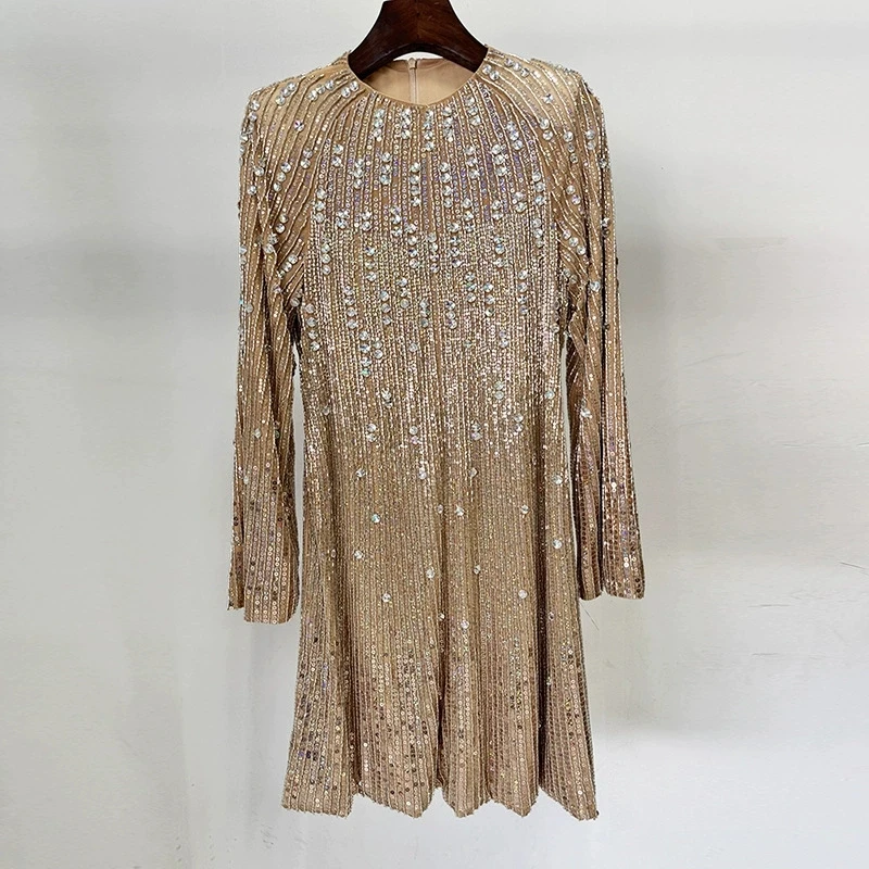 Autumn New Fashionable Temperament Elegant Commuting Long Sleeved Heavy Embroidery Bead Inlaid Diamond Elastic Short Dress
