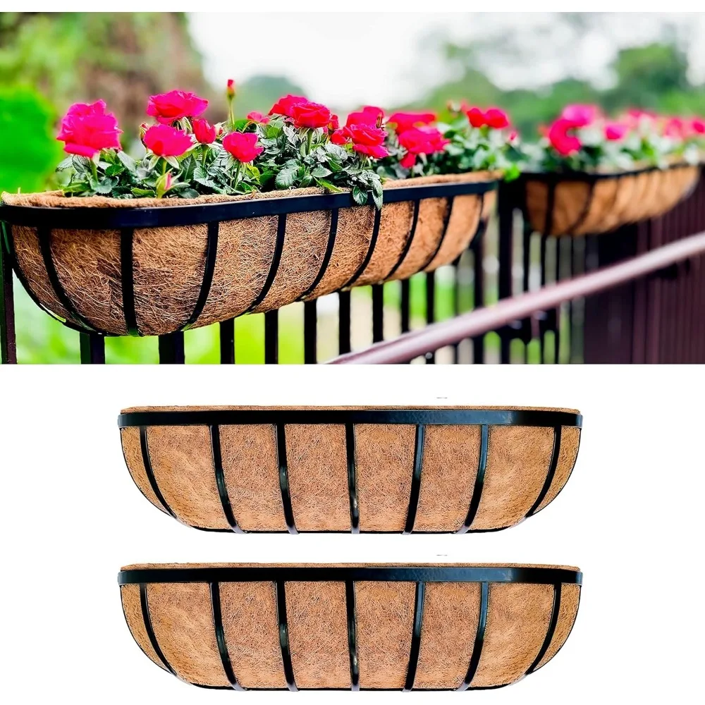 

24 Inch Black Metal Deck Railing Planter Boxes, 2 Pack with Coco Liner for Outdoor Plants on Balcony Patio Fence