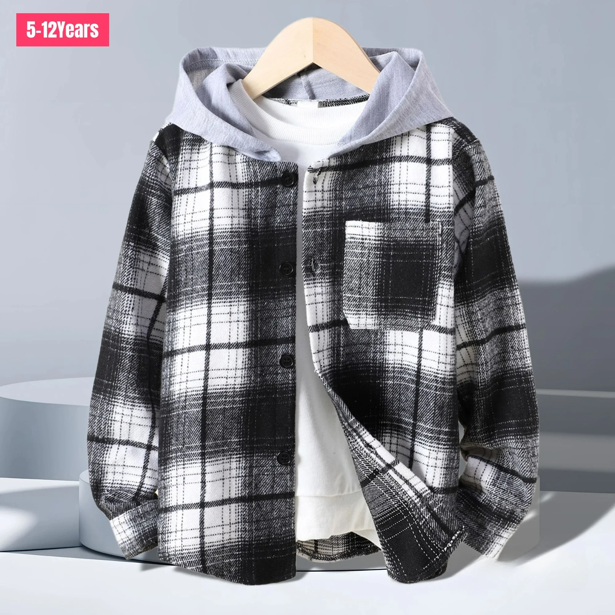

New Kids Boys Hooded Top Long Sleeve Spring Autumn Grid Retro Children Top Casual Fashion Single Breasted Comfort Boys Clothing
