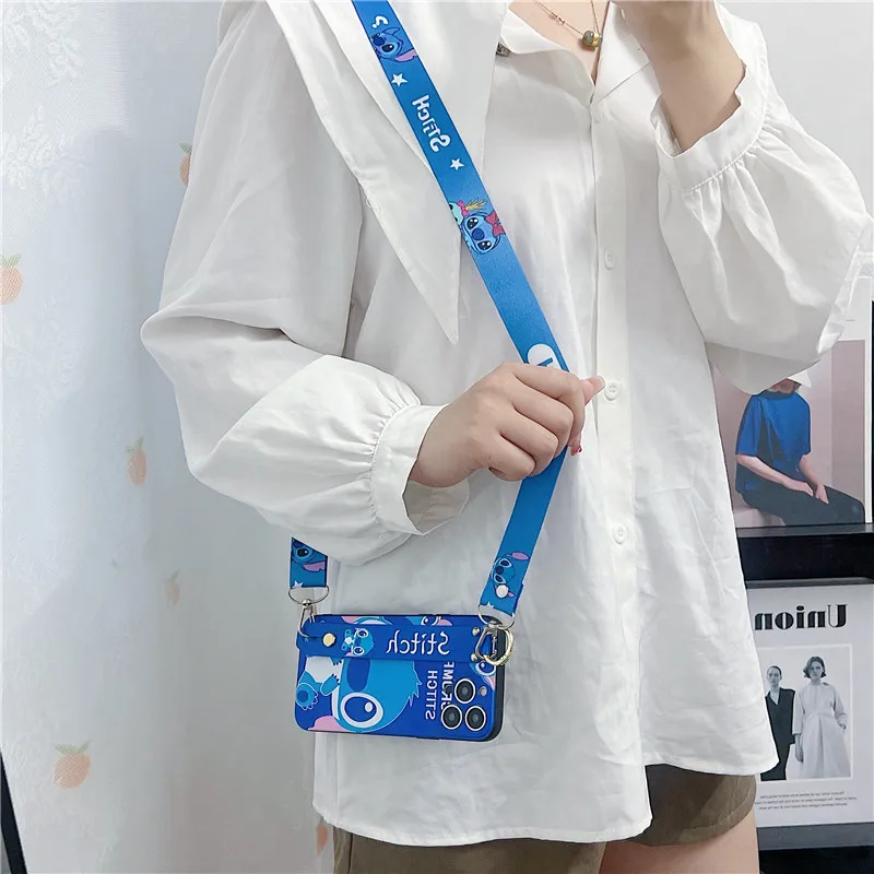 Schattige Cartoon Stitch Crossbody Hals Riem Lanyard Telefoonhoesje Voor Iphone 15 14 12 13 11 Pro Max X Disney Polsband Beugel Cover