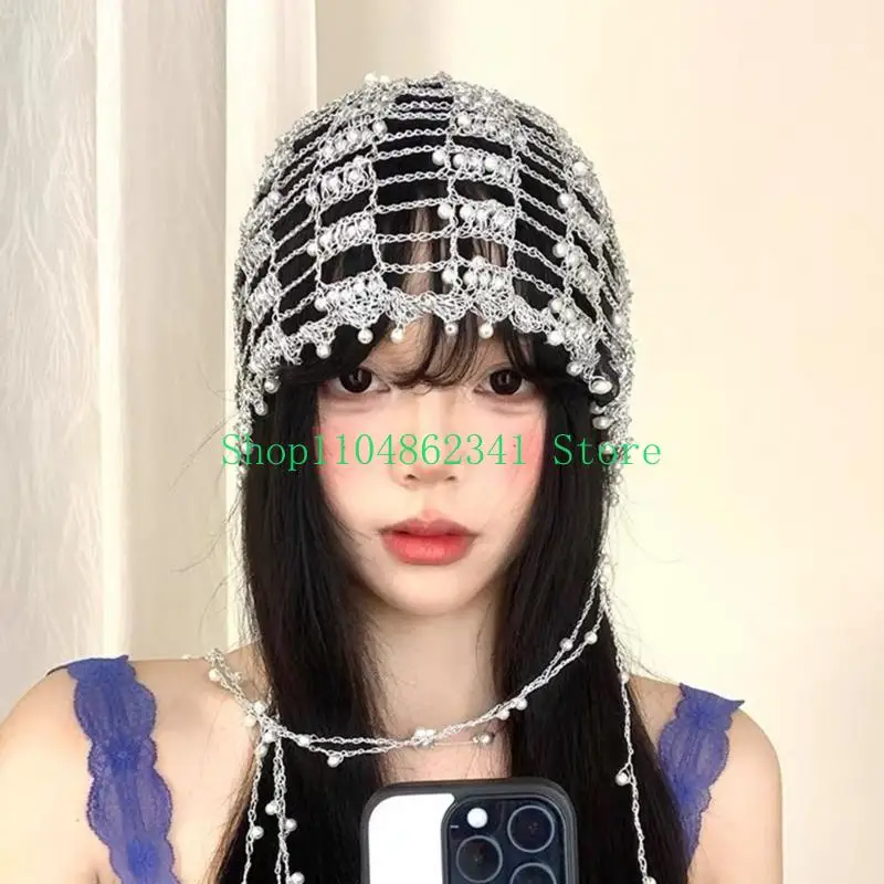652F Modern Hair Chain Crochet Beadwork Hollowed Hat For Women Girl Casual Wear Outdoor Activity Music Festival Photo Props