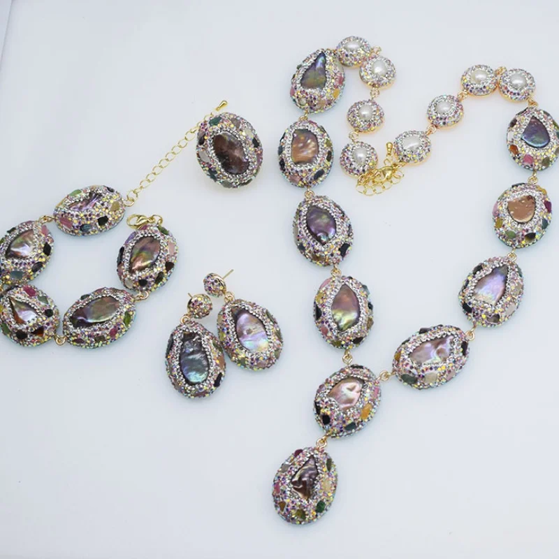 

Freshwater pearl white brown pendant necklace bracelet earings Ring inaly zircon woman's jewelry Set party