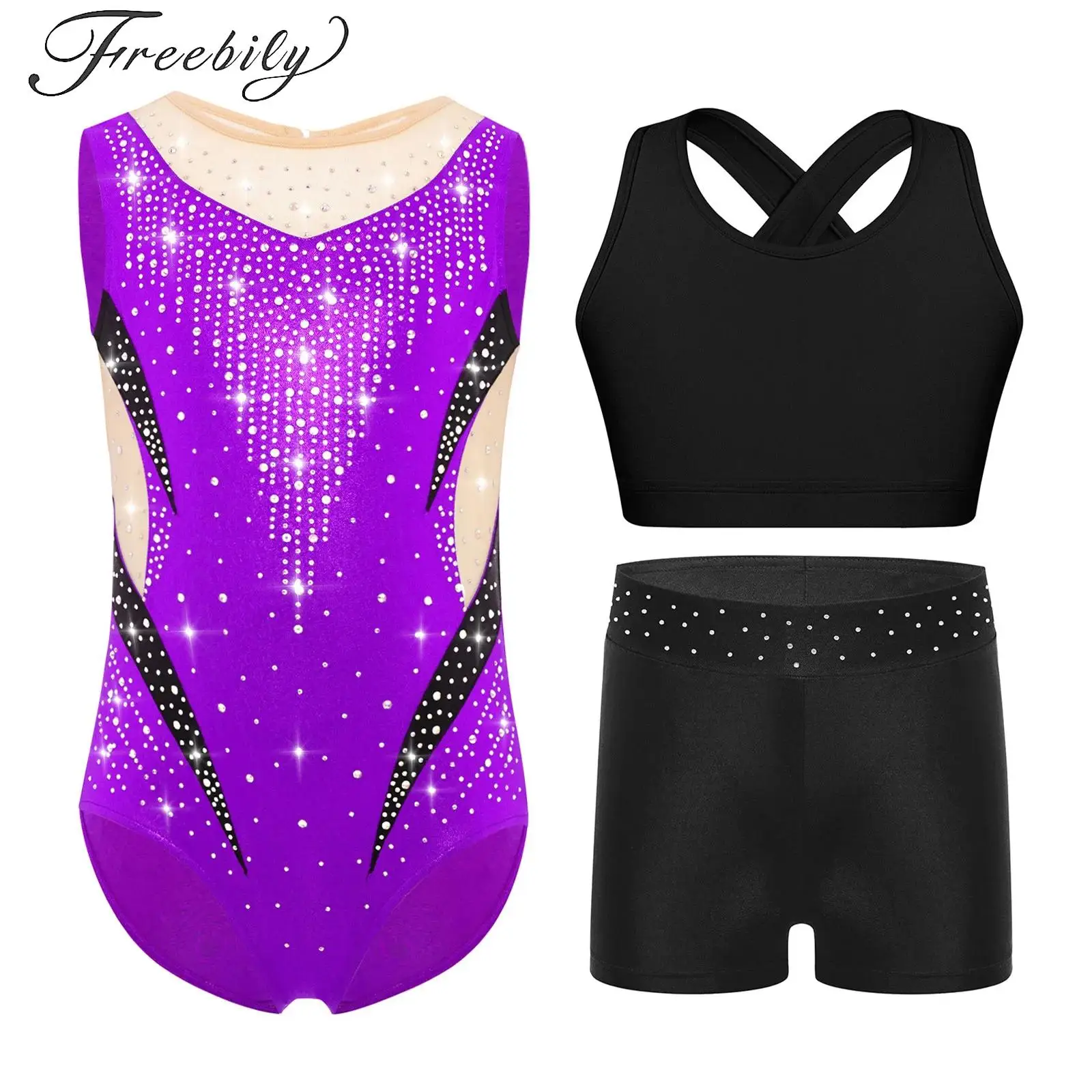 

Kids Girls Shiny Rhinestones Gymnastics Dance Outfit Sleeveless Crisscross Athletic Leotards+Crop Top+Shorts Ballet Jersey Set