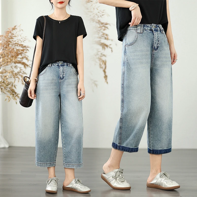 

High Waist Waed Denim Jeans Women Summer New Loose plus Size Slimming Anti-Aging Nine Points Old Dad Pants Casual Sle