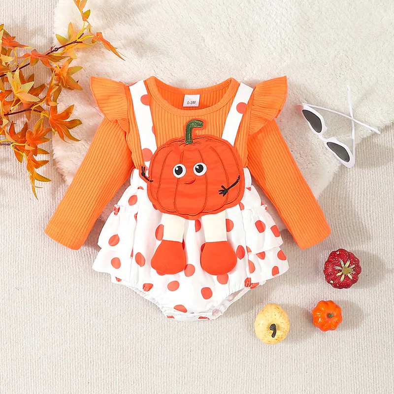 Baby Girls Rompers Dress Halloween Clothes Dot Print Pumpkin Embroidery Skirt Hem Jumpsuits