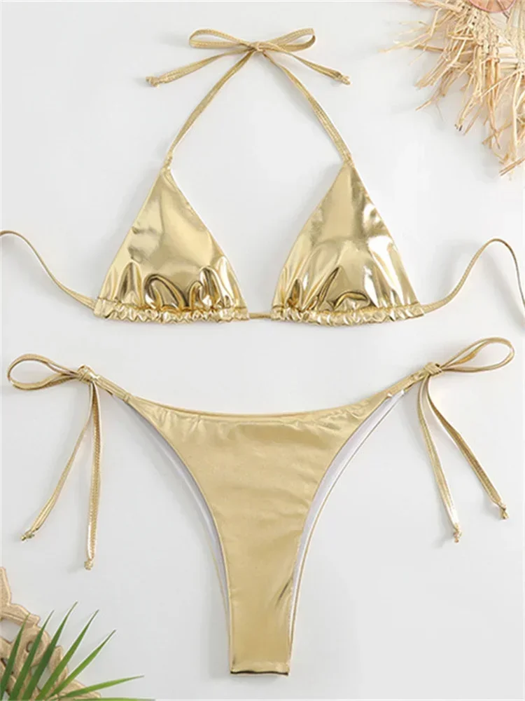 Sexy Brozing Gold Bikinis Sets Women Push Up Micro Bikini Swimsuit 2024 Brazilian Beach Bathing Suit Tie Side Triangle Swimwear