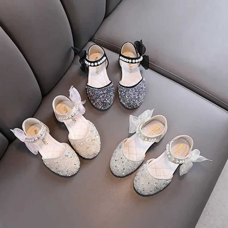

Girls Autumn Single Shoes Children Princess Rhinestone Mesh Bow Velcro Leather Shoes Woman Sequins Pearl Performance Dance Shoes