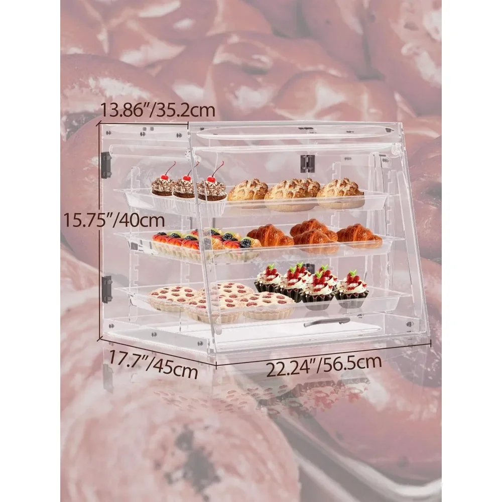 Pastry Display Case with Bread Tong, Commercial Countertop 3-Tier Removable, 22.2