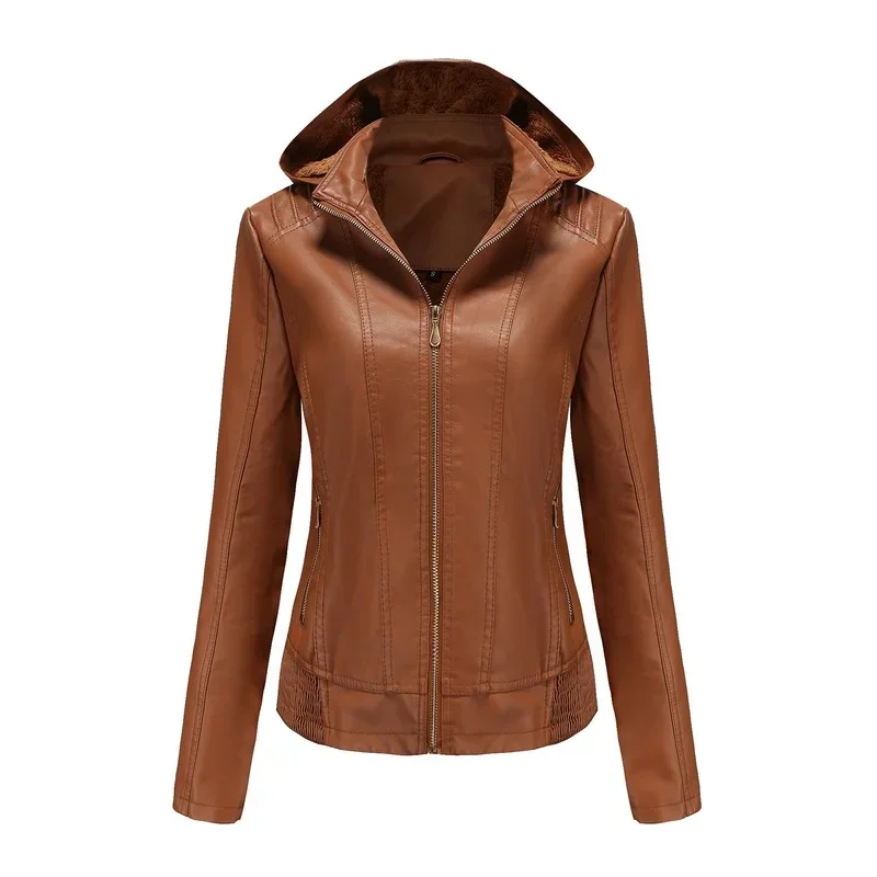 BTQWFD Detachable Hat Jackets Women\'s Winter Fleece Hooded Coats Female Clothing 2024 Autumn PU Leather Motor Biker with Pocket