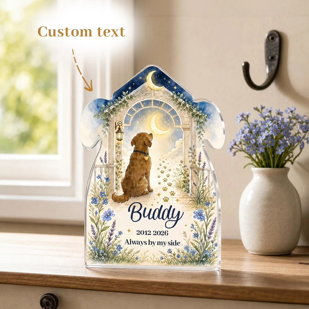 Custom Name Date Dog‑Shaped Acrylic Tabletop Ornament,Moon Star Garden Floral Art,Personalized Memorial Decor Pet Remembrance