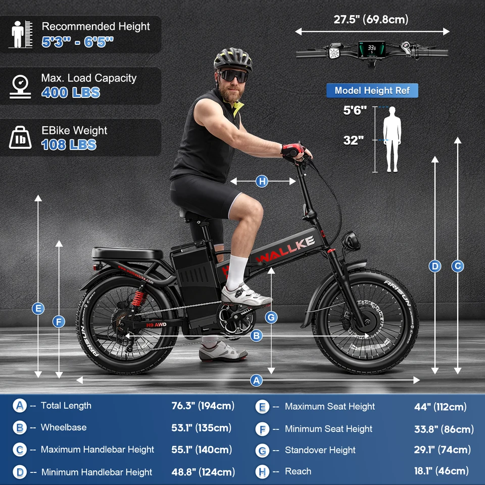 W Wallke H9 AWD Dual Motor Electric Bike for Adults, 48V 40Ah Long Range Ebike, Fast E-Bike, 20"x4" Fat Tire Electric Bicycle, UL2849 image 9
