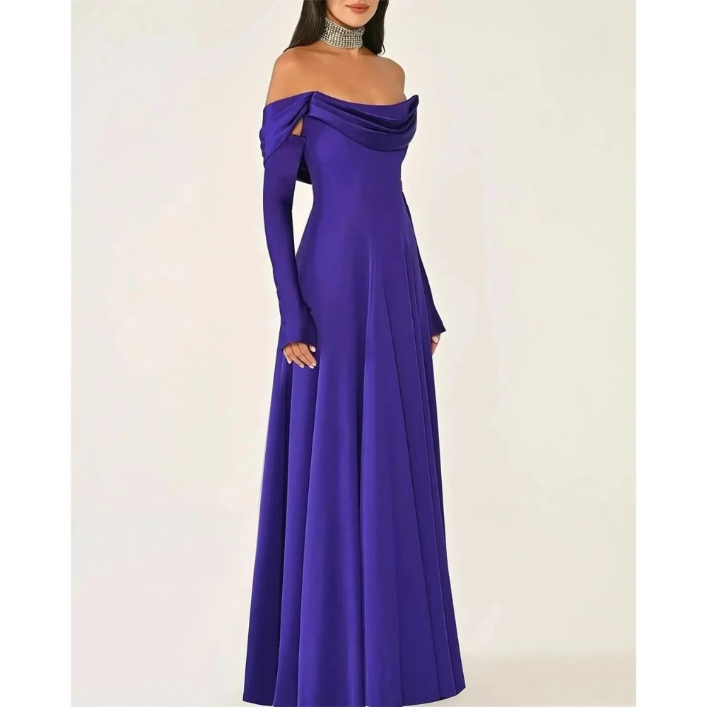 Fioletowa Sukienka Wieczorowa Szyta na Miarę z Dżerseju, Odkryte Ramiona, Długi Rękaw, Elegancka Sukienka na Imprezę dla Kobiet, Krój A-Line, Długa do Podłogi, Suknia na Bal
