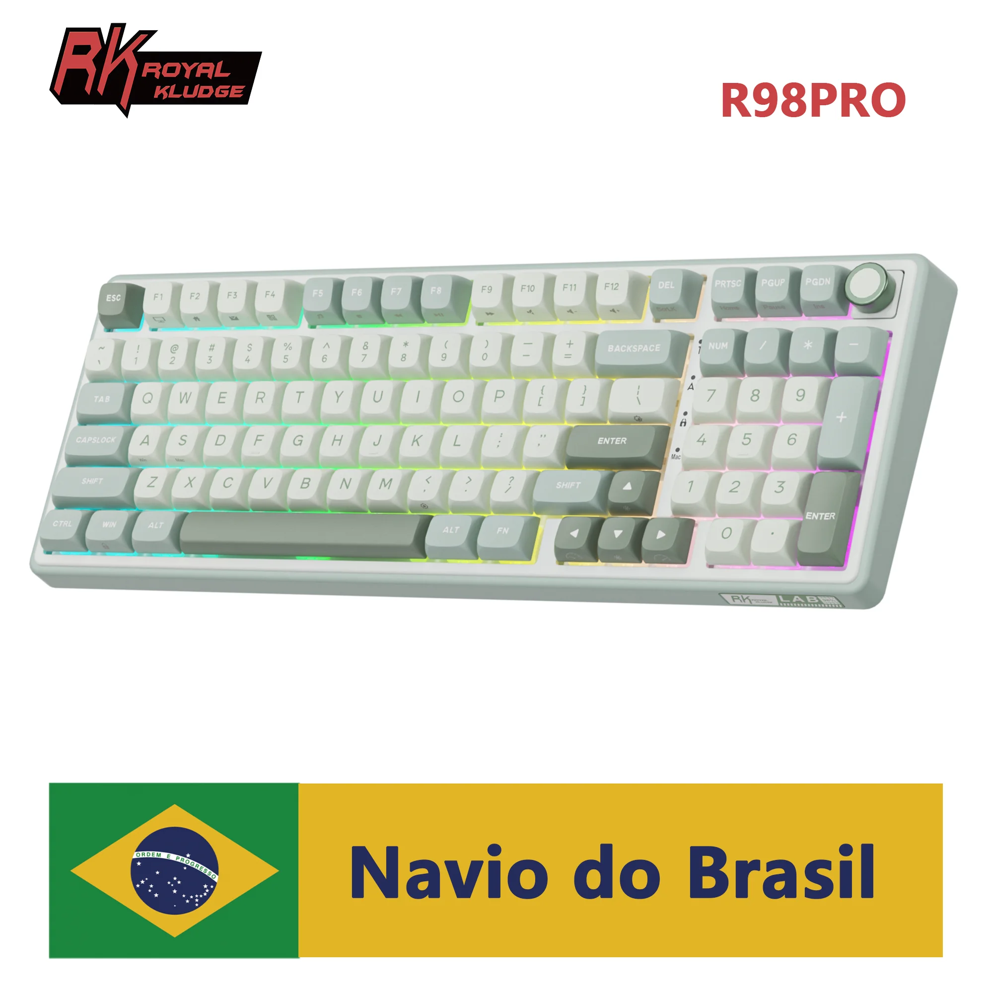 Teclado Mecânico RK ROYAL KLUDGE R98Pro com Fio, 98 Teclas, Keycaps PBT, RGB, Hot-swappable, para Jogos, com Knob de Metal - Brasil