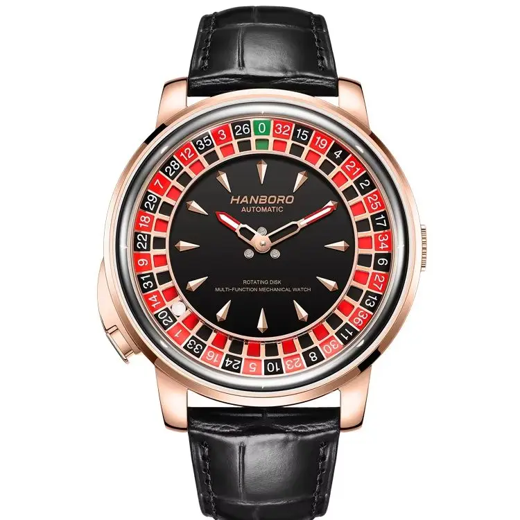 HANBORO Men Automatic Watch Fashion 43mm Mechanical Wristwatch Sapphire Mirror Rotatable Roulette Game Dial Waterproof Luminous
