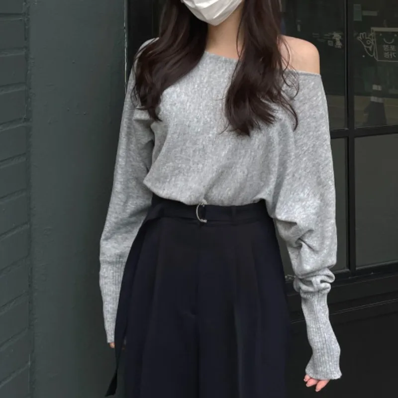 

Solid French Off Shoulder Sweater Female Long Sleeve 2024 Korean Chic Autumn Winter Tops New All-match Loose Pullover