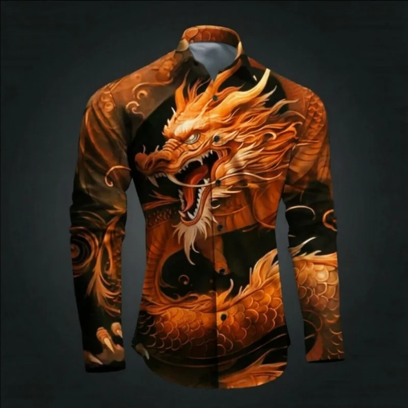 

New Chinese style trendy men's long sleeved shirt, button design, digital printing, casual and comfortable, fashionable dressing