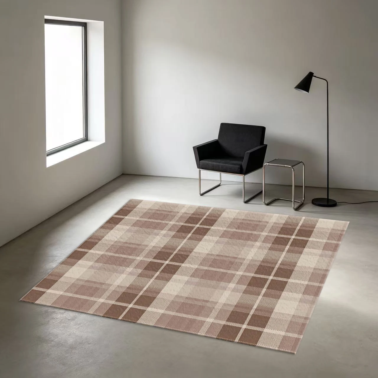 Neutral Brown Beige Classic Plaid Pattern Carpet, Non-Slip Printed Carpet, Suitable for Living Room Farmhouse Home Floor Decoration