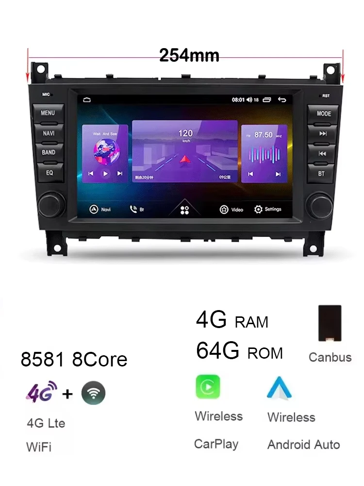 Voor Benz CLK W203 W209 2005-2012 8 "Carplay Auto Android 14.0 254mm 720P IPS Auto Dvd-speler GPS kaart WIFI BT RDS Radio 4G WIFI